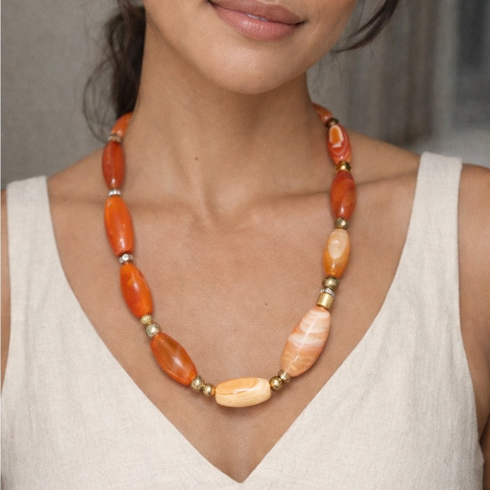 Handcrafted Orange Botswana Agate Bead Necklace